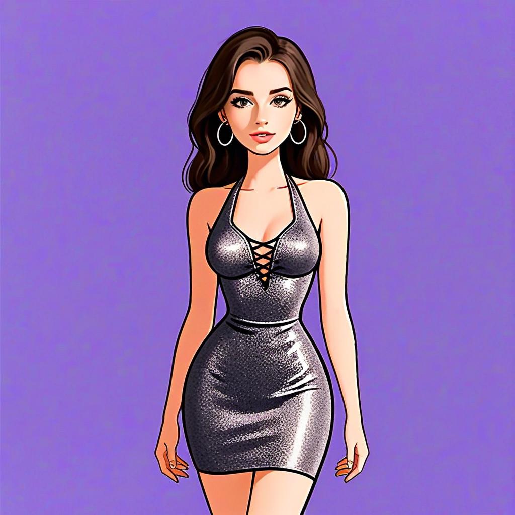 Stylish Woman in Shimmering Silver Bodycon Dress Digital Illustration