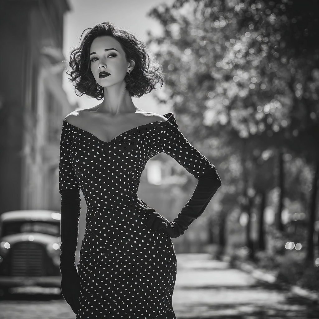 Glamorous Woman in Vintage Polka Dot Dress