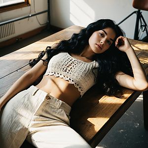 Young Woman Relaxing on Wooden Table in Natural Light Wearing Crochet Crop Top