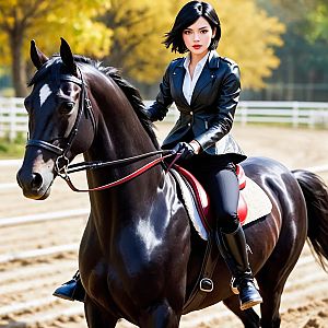 Confident Woman on Black Horse in Equestrian Arena