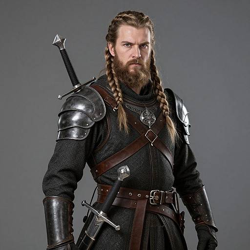 Medieval Warrior Man in Armor with Braided Hair and Swords