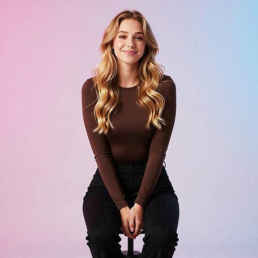 Young Woman Sitting with Blonde Wavy Hair Wearing Brown Top Black Pants