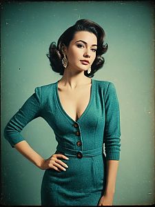 Woman in Contemporary Teal Body-Hugging Knit Dress with Vintage Style