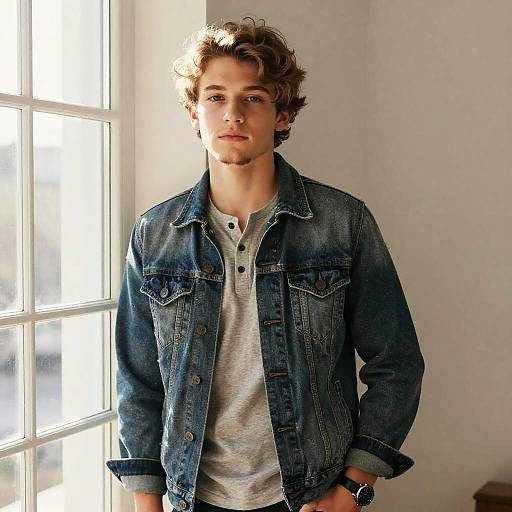 Young Man Wearing Denim Jacket by Window in Minimalist Style