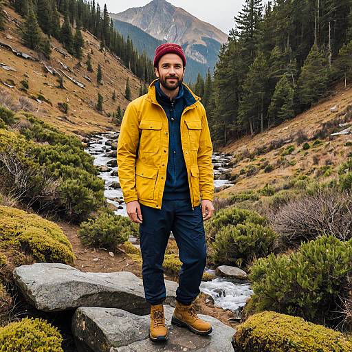 Man in Yellow Jacket Hiking by Mountain Stream in Forest Valley