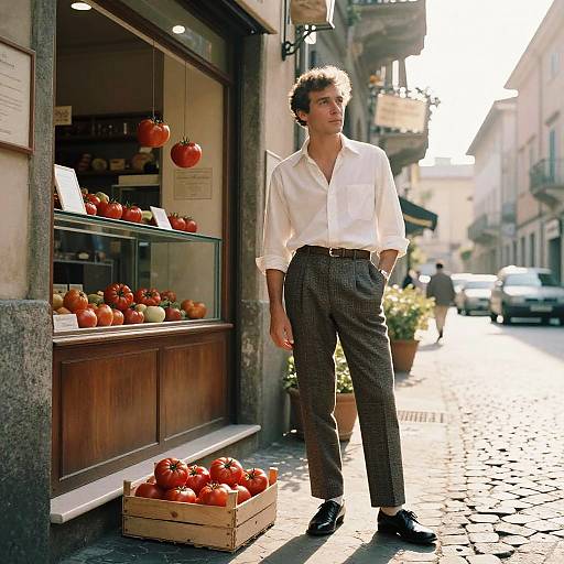 Man in Classic Outfit Standing Outside Tomato Market on Cobblestone Street