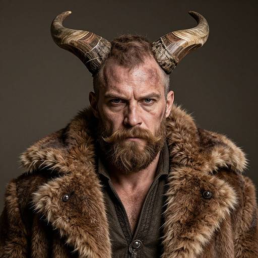 Viking Man with Horned Headgear and Fur Coat Portrait