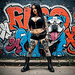 Confident Tattooed Woman with Bulldog Graffiti