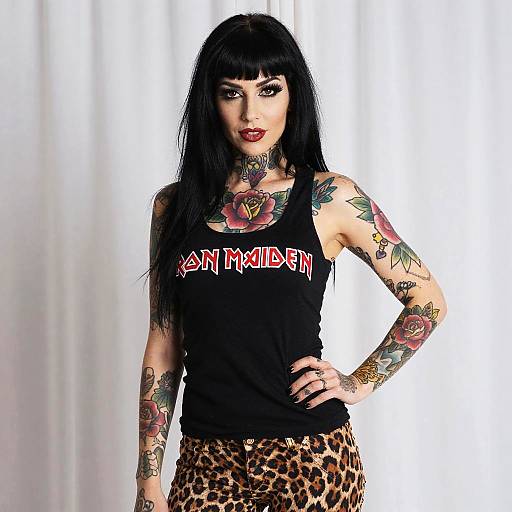Tattooed Woman Wearing Iron Maiden Tank Top and Leopard Print Pants