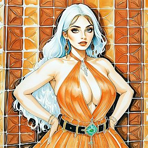 Confident Woman in Orange Dress with Green Gem Belt