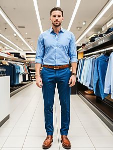 High-End Man Shirts - Man in Blue Shirt and Blue Pants in Fashion Store