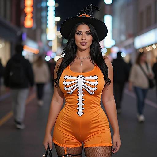Woman in Orange Skeleton Halloween Costume with Witch Hat in City Night