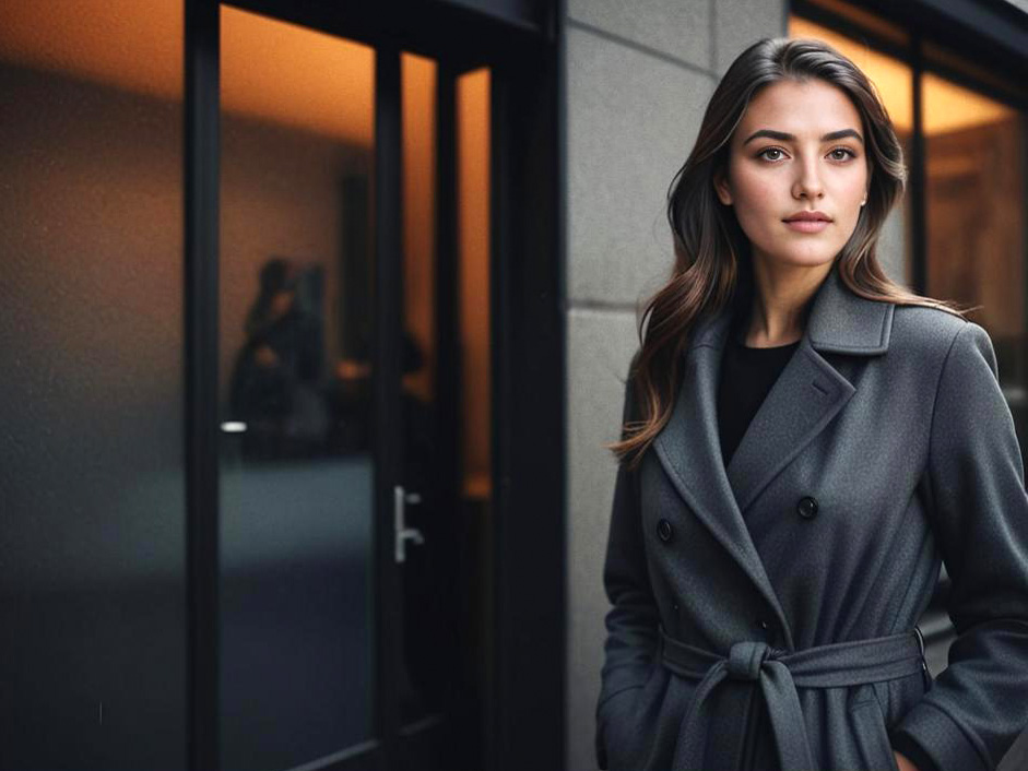 Elegant Woman in Gray Coat Outside Modern Building