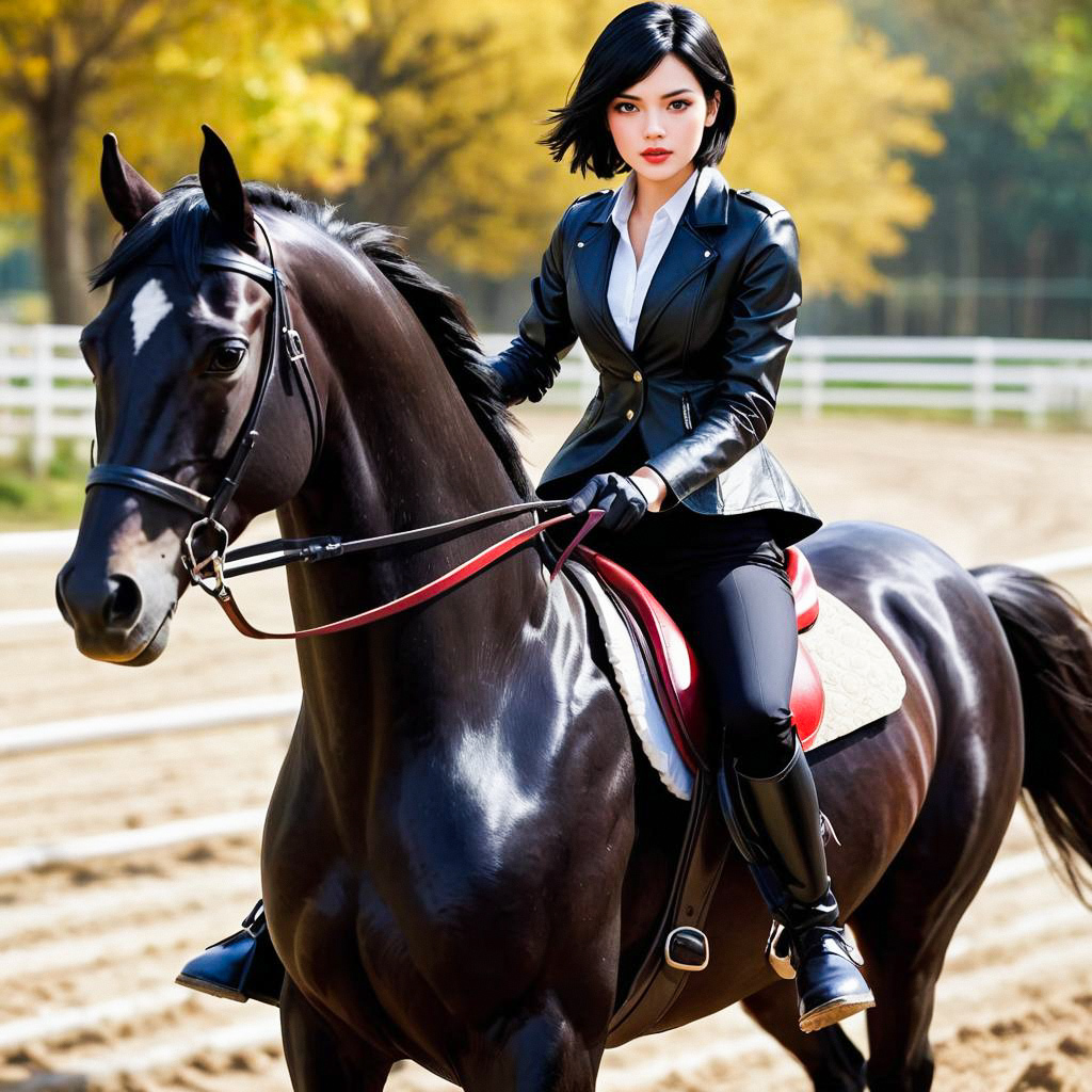 Confident Woman on Black Horse in Equestrian Arena Confident Woman on Black Horse in Equestrian Arena