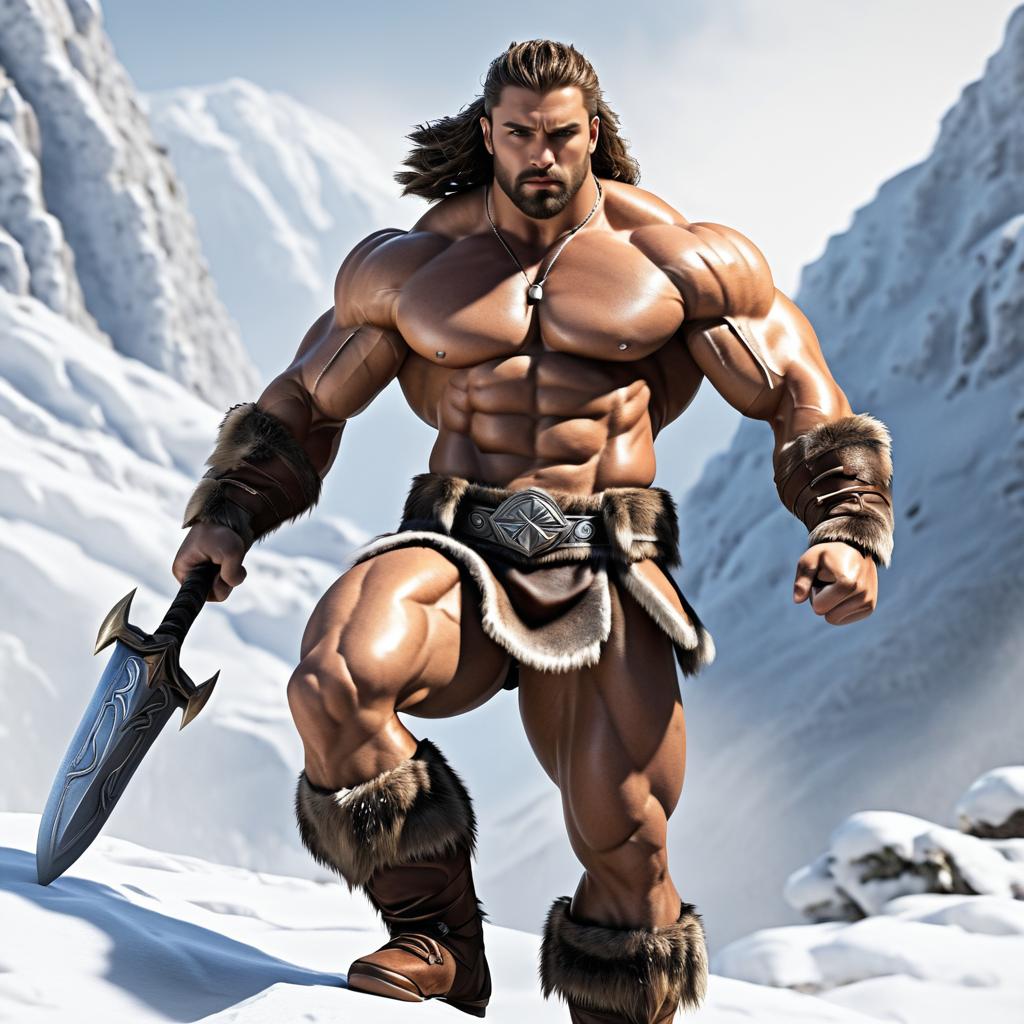 Muscular Warrior in Snowy Landscape