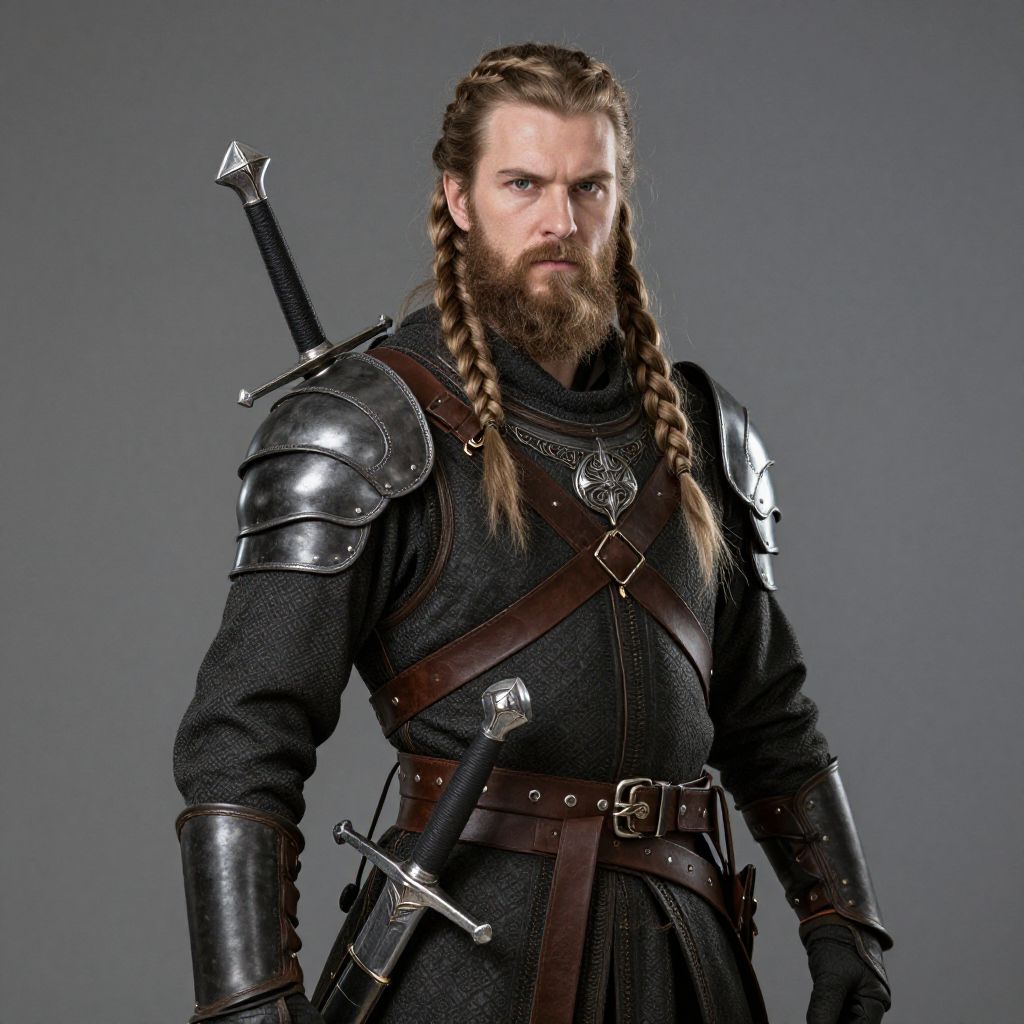 Medieval Warrior Man in Armor with Braided Hair and Swords