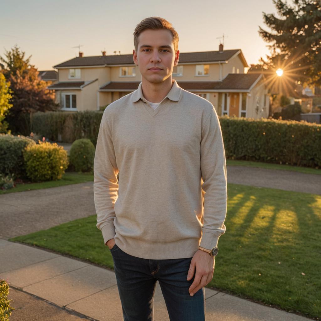 Confident young man in serene suburban setting at sunset