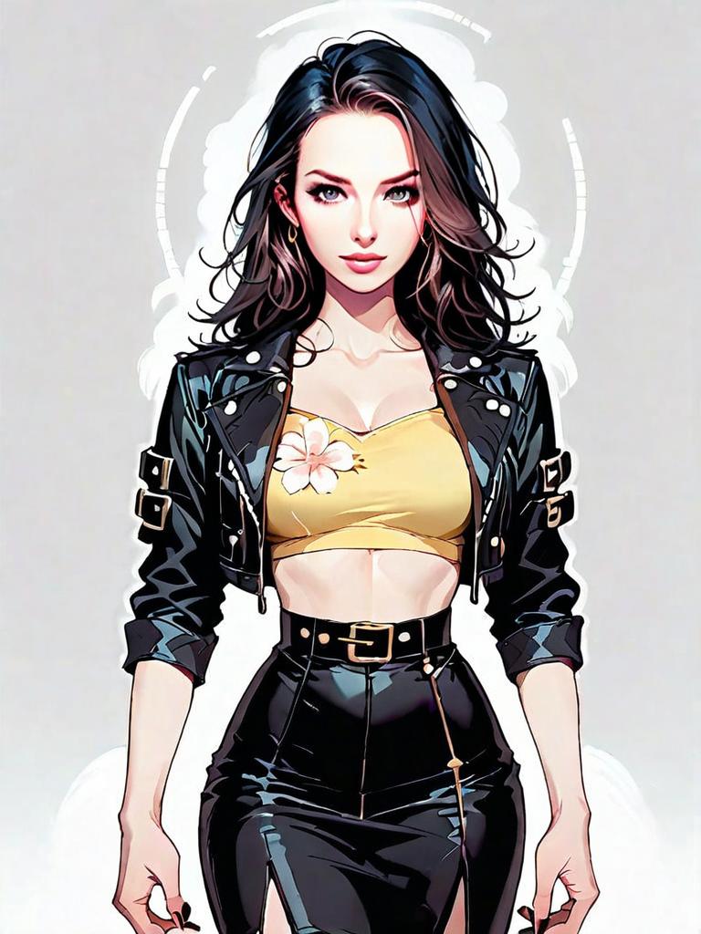 Stylish Woman in Black Leather Jacket and Yellow Crop Top Digital Illustration