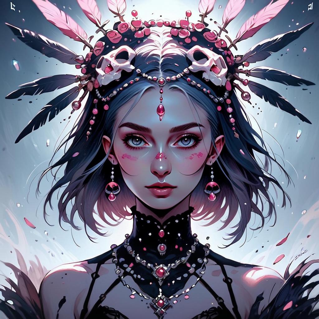 Gothic Woman with Skull Headpiece and Jewelry