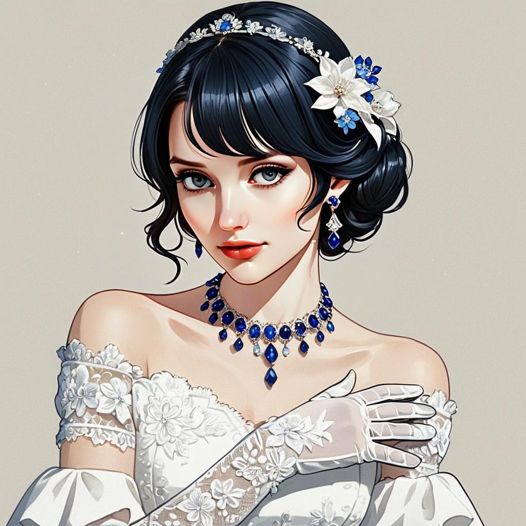 Elegant Woman in White Lace Dress with Blue Jewelry Digital Illustration