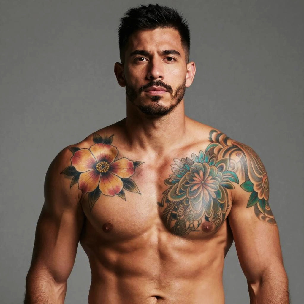 Muscular Man with Colorful Floral Chest Tattoos