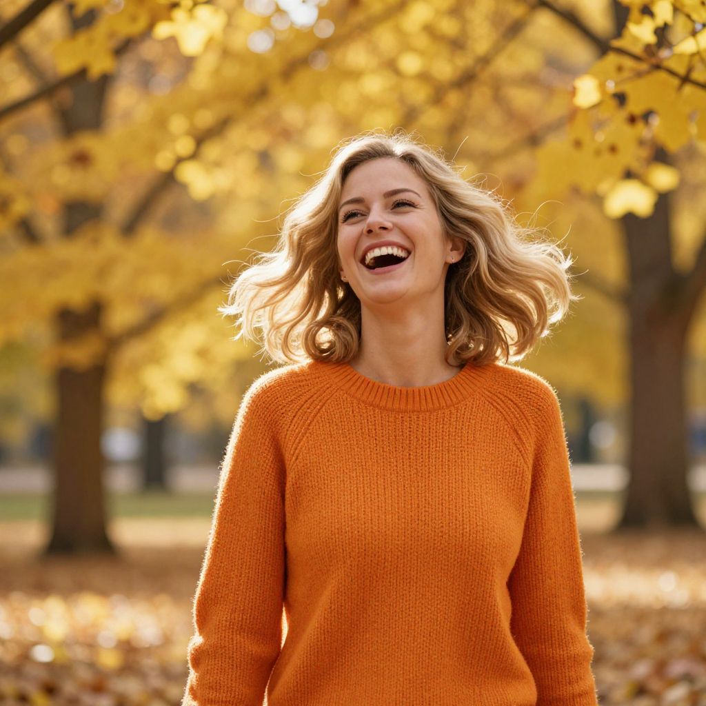 Happy Young Woman Laughing in Orange Sweater Among Autumn Trees