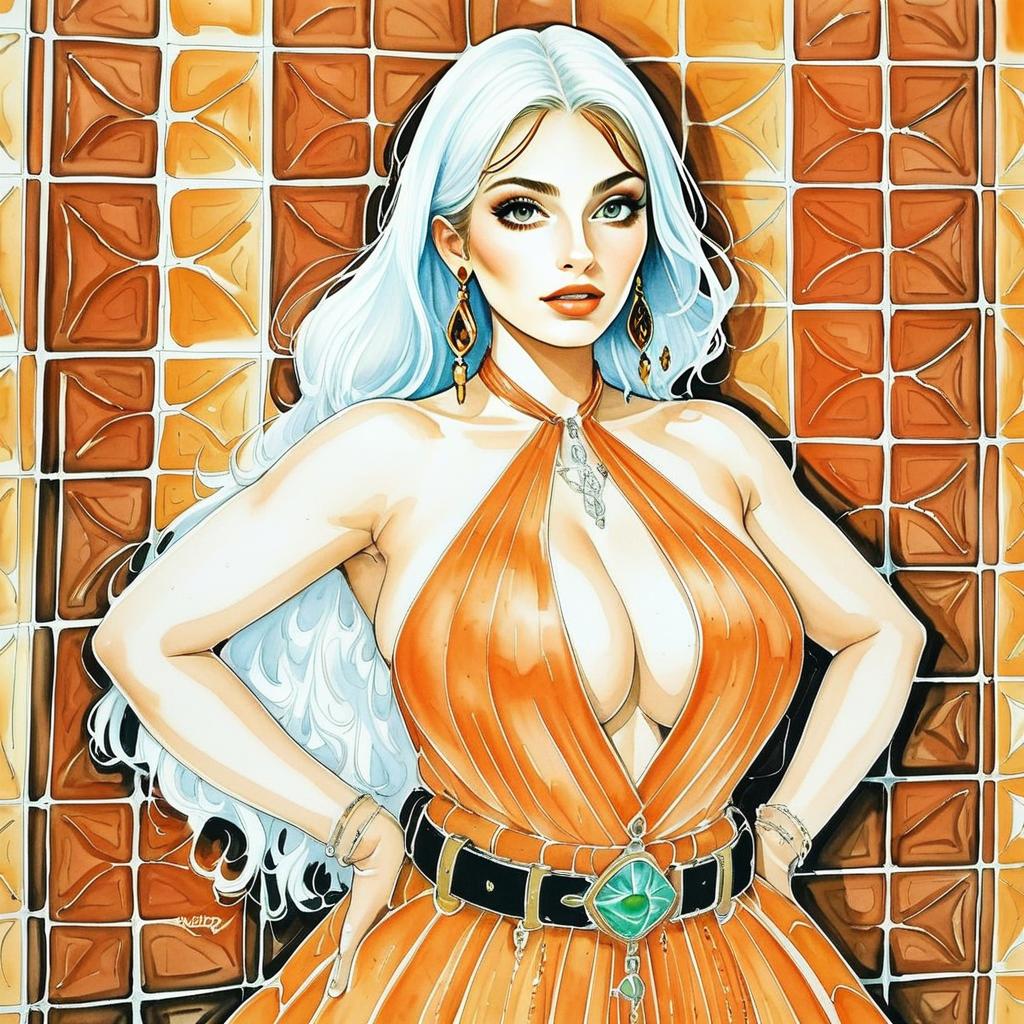 Confident Woman in Orange Dress with Green Gem Belt Confident Woman in Orange Dress with Green Gem Belt