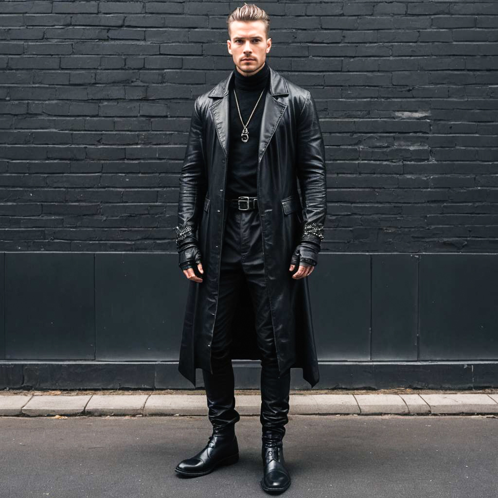 Stylish Man in Black Leather Coat Against Brick Wall