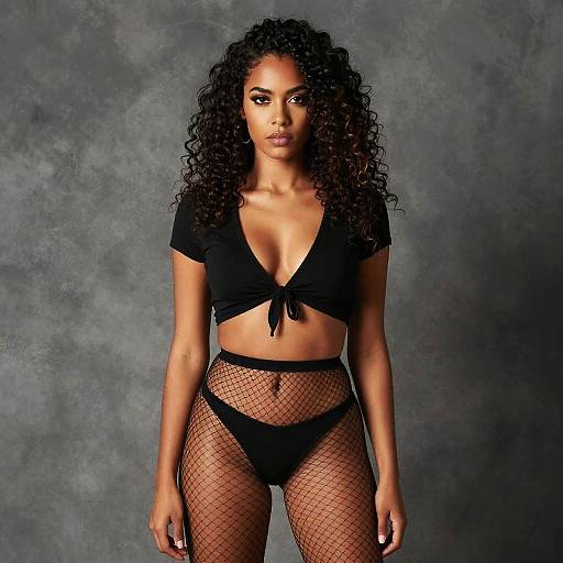 Confident Young Woman Wearing Black Crop Top and Fishnet Tights