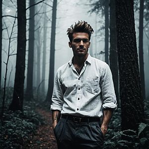 Confident Young Man in Misty Forest