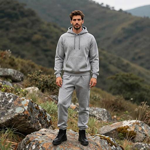 Man in Grey Sweatsuit Standing on Rock in Mountain Setting