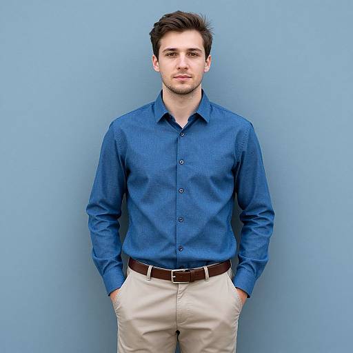 Young Man Wearing Blue Shirt and Beige Pants Against Blue Background