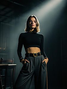 Woman in Contemporary Minimalist Black Asymmetrical Crop Top with Long Sleeves and High-Waisted Pants