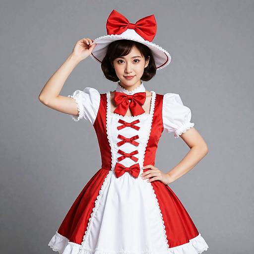 Woman in Red and White Circus Fancy Dress with Bow Hat