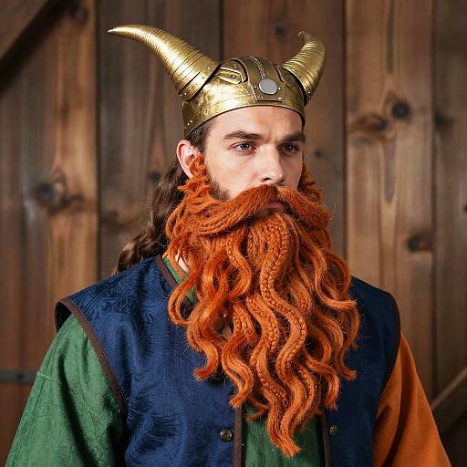 Viking Man with Braided Red Beard and Horned Helmet Medieval Costume