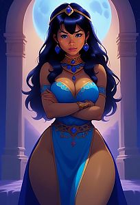 Fantasy Woman in Blue and Gold Gown with Moonlit Columns