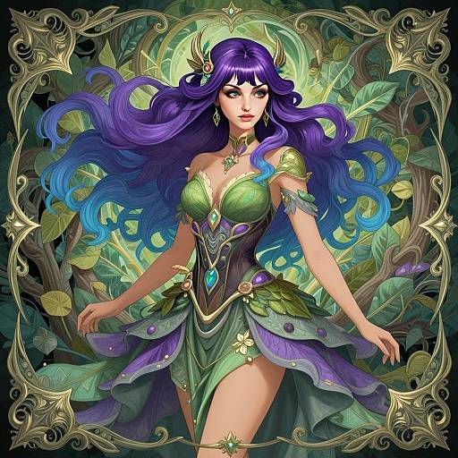 Fantasy Woman with Purple Hair in Nature-Inspired Costume Digital Art