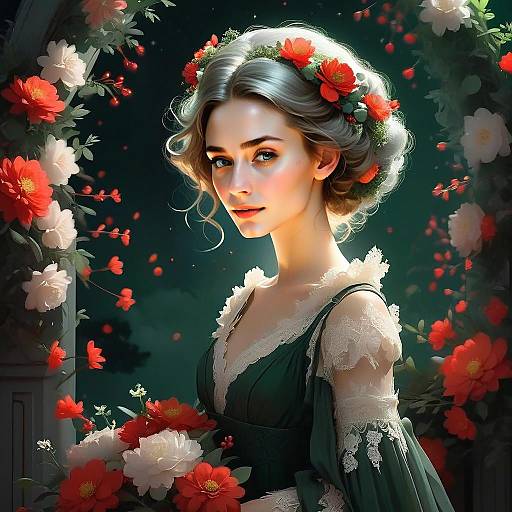 Elegant Woman with Floral Crown in Vintage Green Dress Amidst Blooming Archway