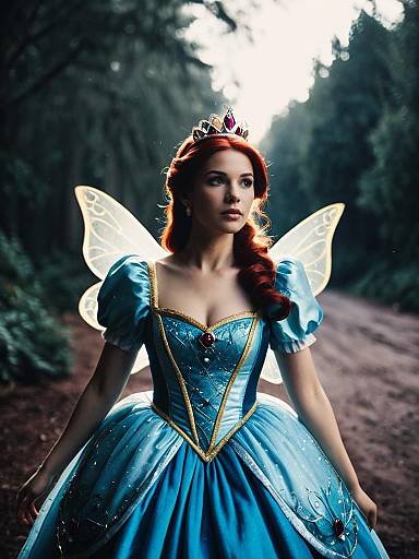 Woman in Disney Princess Costume with Fairy Wings in Cinematic Realism Style