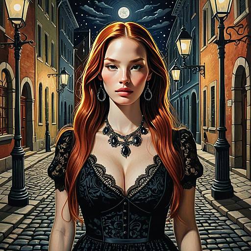 Gothic Woman with Red Hair on Moonlit Cobblestone Street Digital Art