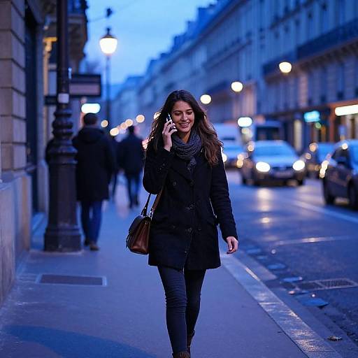 Woman Walking and Talking on Phone in Evening City Street