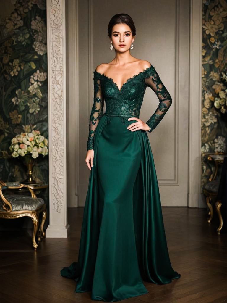 Elegant Woman in Emerald Green Gown