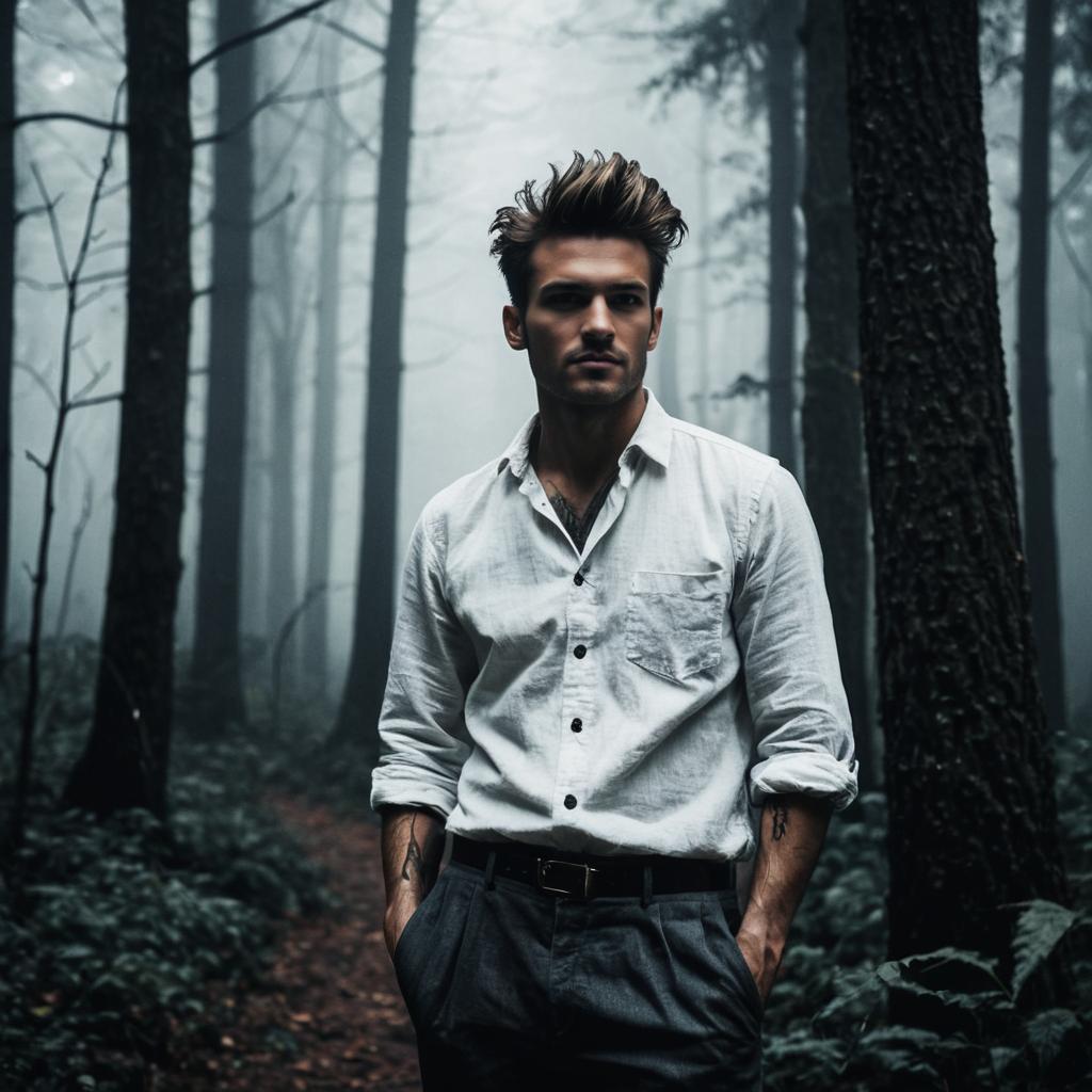 Confident Young Man in Misty Forest
