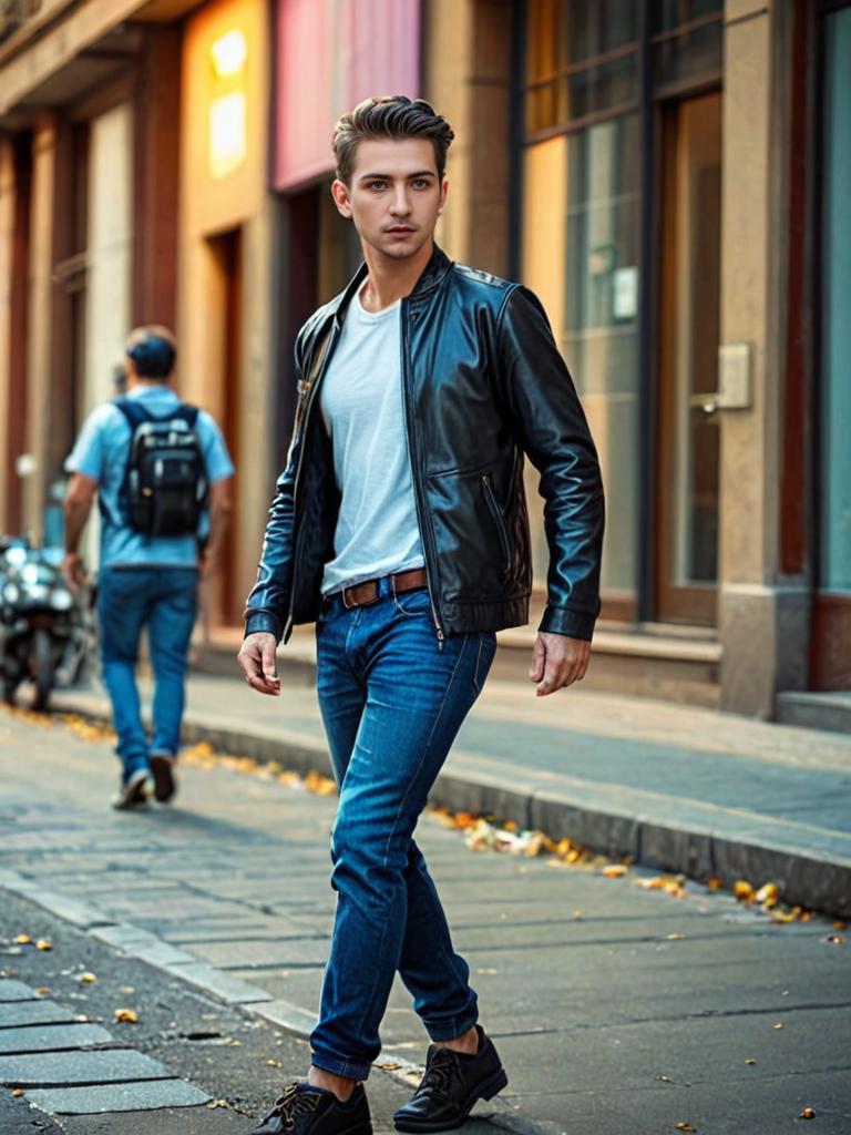 Stylish man in leather jacket and jeans