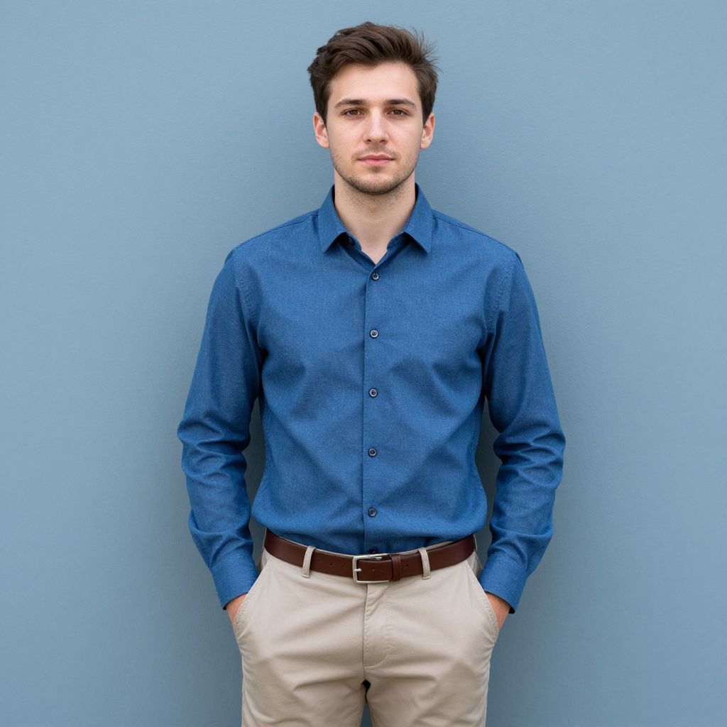 Young Man Wearing Blue Shirt and Beige Pants Against Blue Background