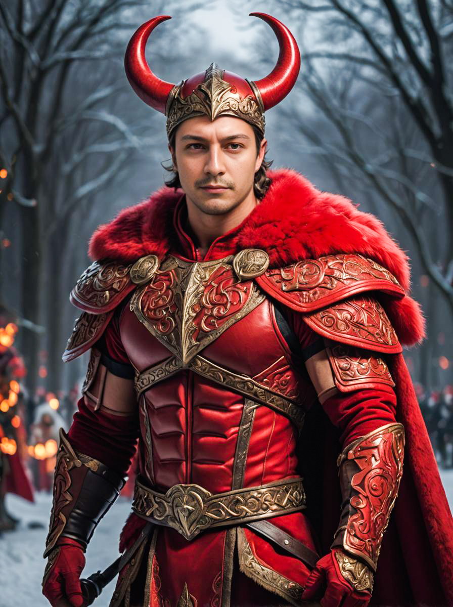 Man in Red and Gold Armor in Mystical Forest