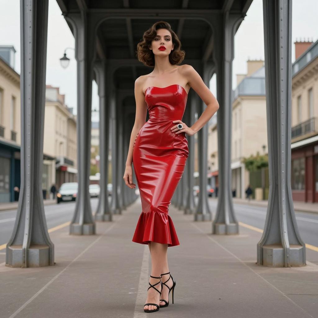 Woman in Glossy Red Latex Mermaid Dress Under Urban Bridge