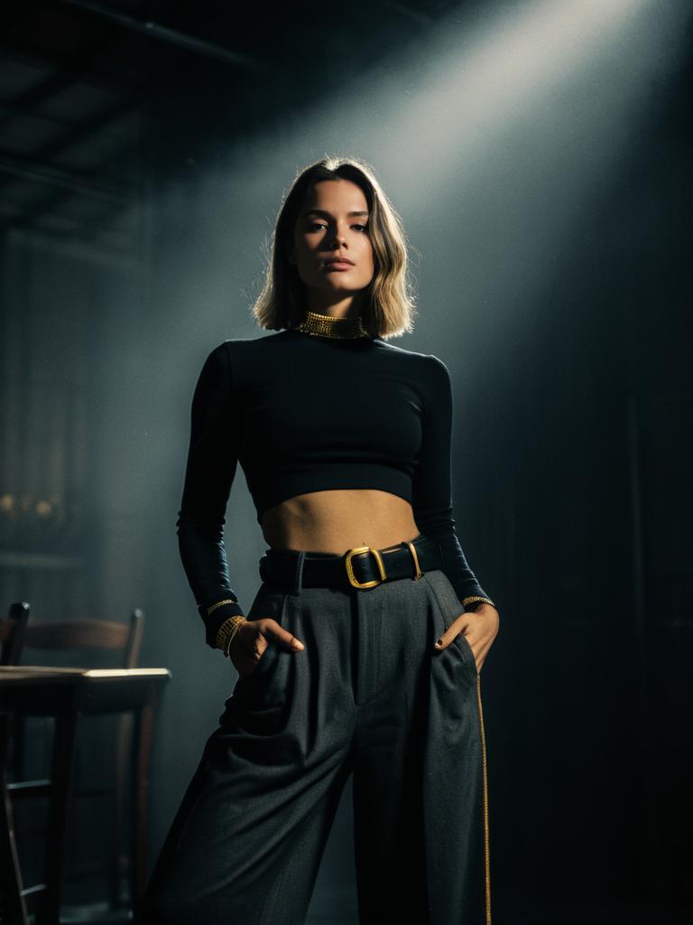Woman in Contemporary Minimalist Black Asymmetrical Crop Top with Long Sleeves and High-Waisted Pants