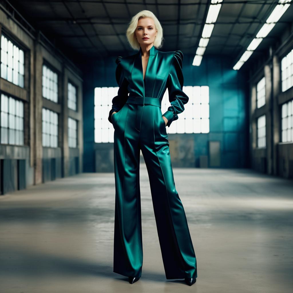 Poised Woman in Emerald Green Satin Jumpsuit