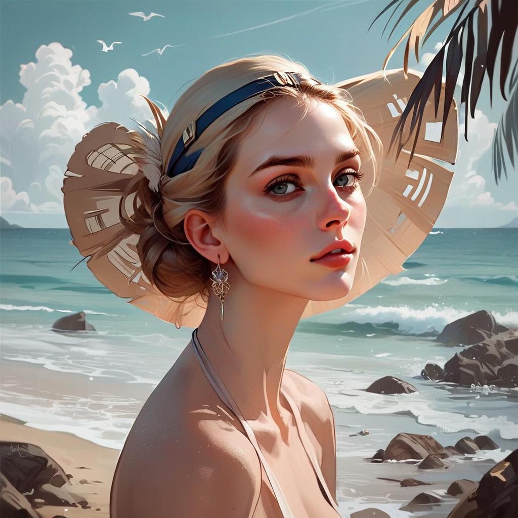 Elegant woman by rocky beach